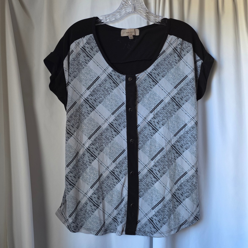 Diana Belle Womens Plaid Button Front Short Sleeve Blouse Black Gray Large